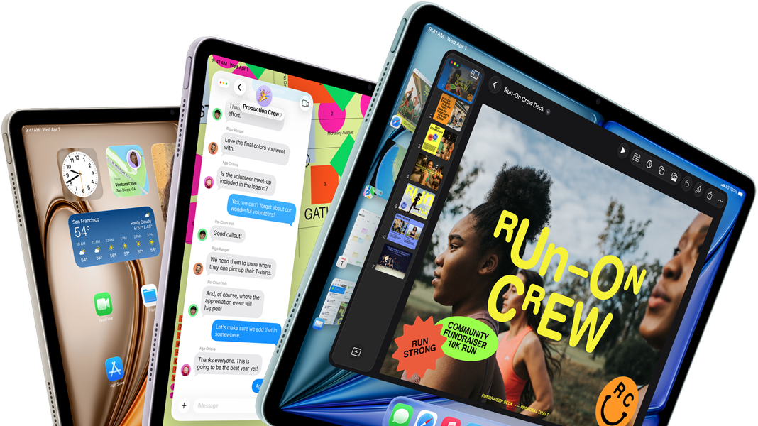 Drie iPad Air-displays in de vorm van een waaier, kleuren: Blauw, Paars, Sterrenlicht, voorkant, zijkant, apps op het scherm zijn Keynote, Berichten en Beginscherm