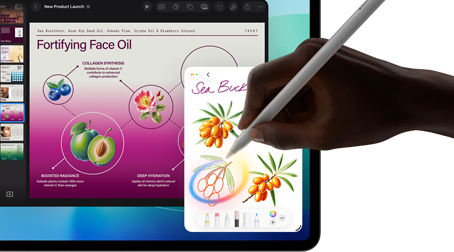Vooraanzicht van iPad Pro, display met meerdere geopende apps en een achtergrond met kleurverloop van donkerblauw naar groen, een hand die Apple Pencil Pro vasthoudt en een schets omcirkelt met de Apple Intelligence-feature Beeldpenseel
