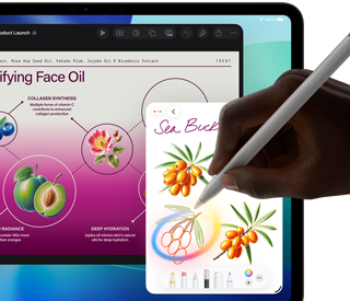 Vooraanzicht van iPad Pro, display met meerdere geopende apps en een achtergrond met kleurverloop van donkerblauw naar groen, een hand die Apple Pencil Pro vasthoudt en een schets omcirkelt met de Apple Intelligence-feature Beeldpenseel