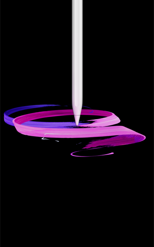 Vooraanzicht van Apple Pencil Pro, verticale stand, zijprofiel, kleur wit, tekening van abstract patroon van paarse en roze linten