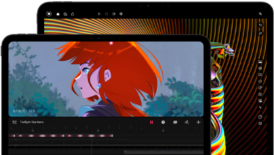 Vooraanzicht van de 13-inch iPad Pro en 11-inch iPad Pro, horizontale stand, kleur spacezwart, afgeronde hoeken, zwarte rand rond het display, 11-inch display met een kleurrijke afbeelding van een personage met rood haar, 13-inch display met elementen van een interface voor het bewerken van kleurrijke foto’s