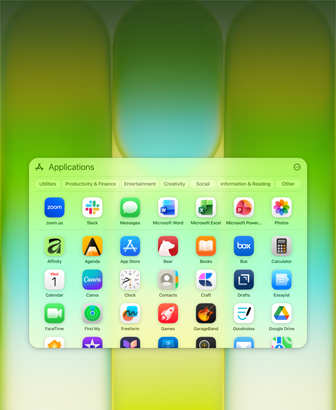 Scherm van MacBook Neo met het Apps-venster met allerlei verschillende apps