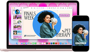MacBook Neo, kleur Blos, naast een iPhone, op het MacBook Neo-scherm staat een presentatie getiteld Finals Week Pet Therapy met een foto van iemand die een konijn vasthoudt, op het iPhone-scherm staat dezelfde foto die is omgezet in een sticker voor in de presentatie
