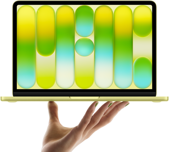 MacBook Neo in de kleur Citrus, balancerend op de vingertoppen van een open hand, op het scherm wordt een kleurrijk abstract patroon weergegeven